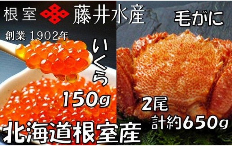 【北海道根室産】いくら醤油漬け150g、ボイル毛がに2尾(計約650g)